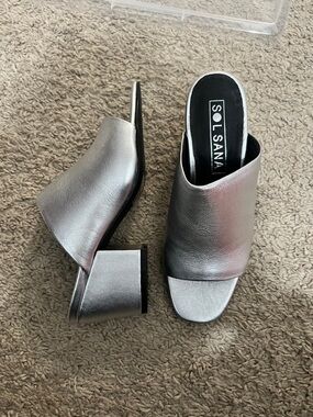 Sol Sana Silver Metallic Open-Toe Block Heel Mules